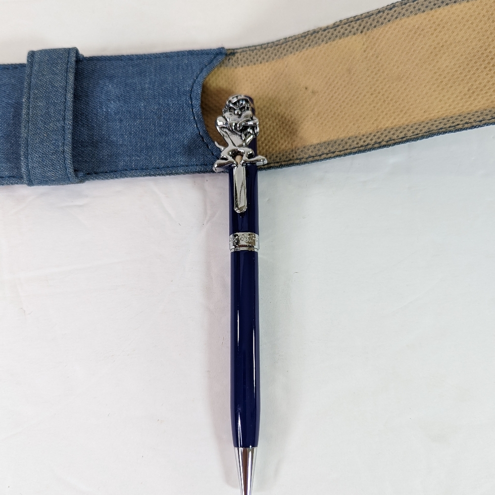 Vtg 1996 Taz Tasmanian Devil Looney Tunes Blue Pen Denim Case Ball Point Pen